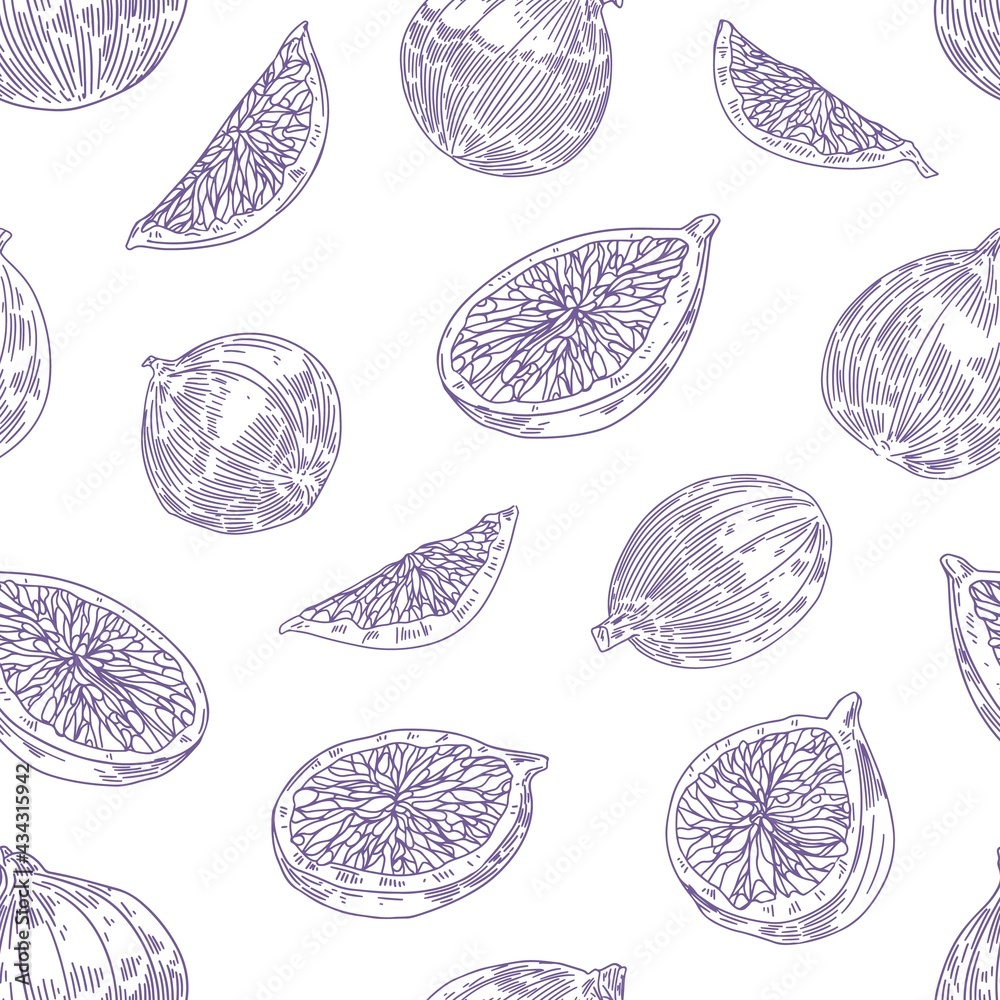 Poster seamless monochrome pattern with whole fruits and pieces of figs on white background. endless retro-