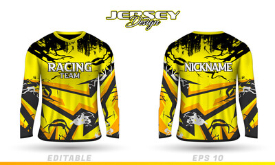 Long sleeve sports racing suit. Front back t-shirt design. Templates for team uniforms. Sports design for football, racing, cycling, gaming jersey. Vector.