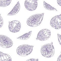 Seamless monochrome pattern with whole fruits and pieces of figs on white background. Endless retro-styled texture for printing. Hand-drawn vector illustration of repeatable vintage backdrop design