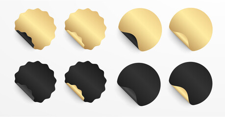 Realistic set white and gold stickers or patches mockup. Blank labels of different shapes round and seal circle. 3d vector - obrazy, fototapety, plakaty
