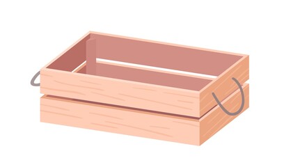 Empty wooden box with twine handles. Wood crate from plywood for farms, gardens and markets. Open rectangular container from planks. Realistic colored flat vector illustration isolated on white