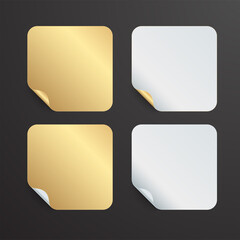 Realistic set white and gold stickers or patches mockup. Blank labels of different shapes square. 3d vector - obrazy, fototapety, plakaty