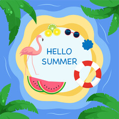 Bright summer background. Sea, flamingo, watermelon and lifebuoy. Palm leaves. Hello summer. Vector graphics