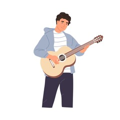 Fototapeta na wymiar Young musician performing music on acoustic guitar. Happy guitarist standing and playing romantic melody. String instrument player. Colored flat vector illustration isolated on white background