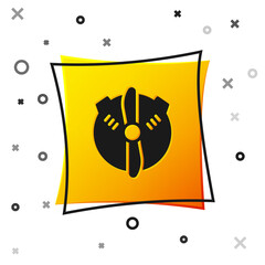 Obraz premium Black Plane propeller icon isolated on white background. Vintage aircraft propeller. Yellow square button. Vector