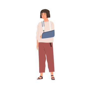 Unhappy woman with broken hand in gypsum. Sad patient with arm injury during recovery. Person with orthopedic trauma sling after accident. Colored flat vector illustration isolated on white background