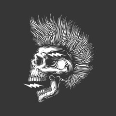 Original monochrome vector illustration. A skull with an open mouth and a punk rock hairstyle. T-shirt design, stickers, print.