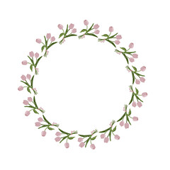 Floral frame with delicate pink tulips and green leaves on a white background. Vector illustration isolated on a white background. For the design of wedding invitations, postcards, packaging.