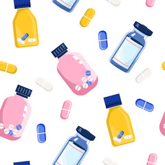 Seamless pattern with pills and glass vials.Vitamin complex and healthcare.Keep calm and drink sedative tablets.Antidepressants and millennial problems.Influence of anti-anxiety medical supplement