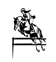beautiful woman riding horse during show jumping competition - equestrian sport black and white vector outline