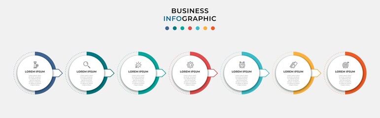 Vector Infographic circle label design business template with icons and 7 options or steps. Can be used for process diagram, presentations, workflow layout, banner, flow chart, info graph