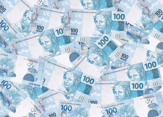 several banknotes of one hundred reais from brazil, texture of brazilian money, notes of reais...
