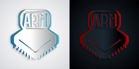 Fototapeta premium Paper cut Processor icon isolated on grey and black background. CPU, central processing unit, microchip, microcircuit, computer processor, chip. Paper art style. Vector