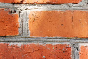 Old brick wall with scratches, cracks, dust, crevices, roughness.