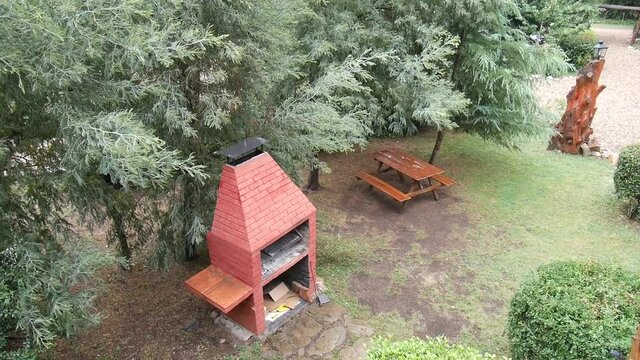 Argentine yard  grill, picnic, camp, barbecue, trees, camping. Shot from above