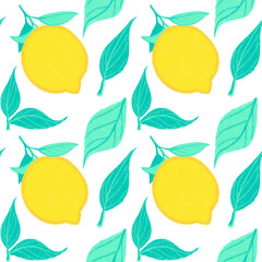 Fresh lemons background. Hand drawn backdrop. Seamless pattern with citrus fruits collection. Decorative illustration.