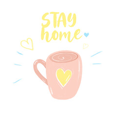 Coronavirus hand drawn repeating pattern with tea mug.Stay Home Icon.Stay Home banner with text.