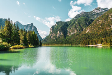 Panoramic view of Lake Dobbiaco ( Toblacher See ) in the Dolomites, Italy.