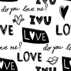 On a white background are the black love doodles words .