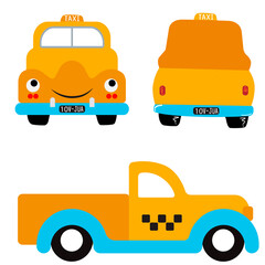 Yellow cartoon taxi truck car, vector illustration