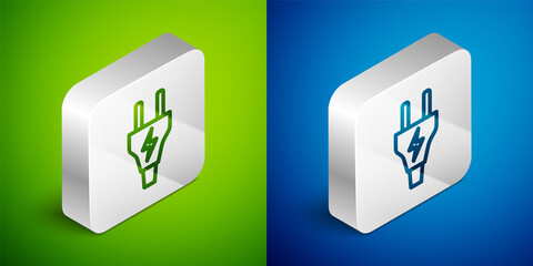 Isometric line Electric plug icon isolated on green and blue background. Concept of connection and disconnection of the electricity. Silver square button. Vector