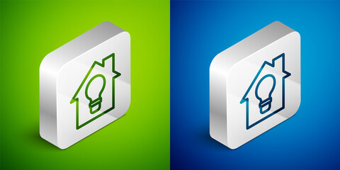 Isometric line Smart house and light bulb icon isolated on green and blue background. Silver square button. Vector