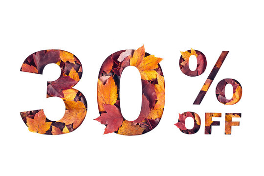 Paper cut 30 percent off text filled with texture of yellow and red autumn fall maple leaves isolated on white background. Autumn flyer, banner or poster design template. Fall shopping concept.