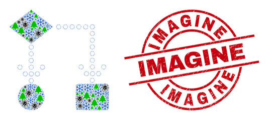 Winter coronavirus collage block diagram, and scratched Imagine red round stamp print. Collage block diagram is made from virus, forest, and snow flake items. Red Imagine stamp uses circles and lines.