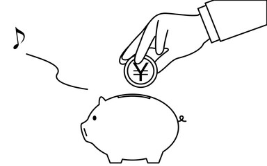 貯金のイメージ、豚の貯金箱にお金を入れる