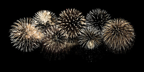 Golden fireworks on black night sky background isolated closeup, gold color firecracker pattern,...