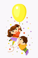 A girl and a boy are flying in a hot air balloon, hello holiday, happy kids party. Vector illustration.