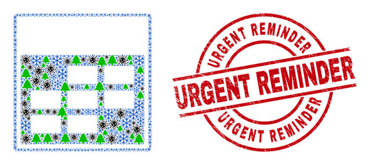 Winter Covid collage calendar week items, and rubber Urgent Reminder red round watermark. Collage calendar week items is created of flu virus, forest, and snow flake items.