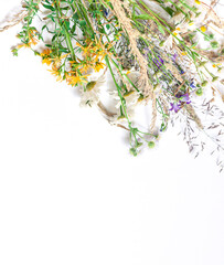 A Bouquet of summer wildflowers and grass on the white background concept floral frame. Copy space	