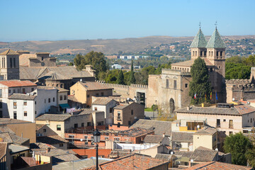 Fototapeta na wymiar Toledo, Spain - October 29, 2020: View to the gate Puerta de Bisagra and old town