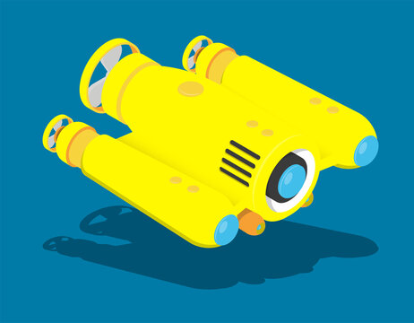 yellow autonomous underwater robot drone for seabed exploration and deep sea video filming. Cartoon vector