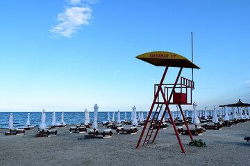 lifeguard (salvamar) tower at the beach after watching time (in the evening) - Navodari, Constanta, Dobrudja, Romania, Europe, Black Sea