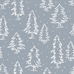 winter doodle pine fir trees seamless pattern