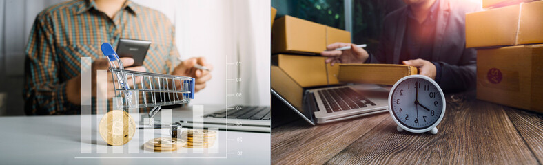Business woman start up small business entrepreneur SME success .freelance woman working at home with Online Parcel delivery. SME and packaging deliveryconcept