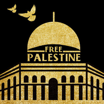free Palestine beautiful gold glitter texture artwork with al Aqsa mosque and pigeons in the air over black background