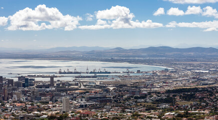 Panorama of the coast and the seaport in the bay in Cape Town.