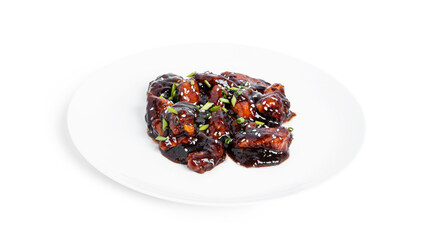 Spicy chicken in sweet and sour sauce with chili pepper. Teriyaki chicken with sesame seeds. Isolated on white background.