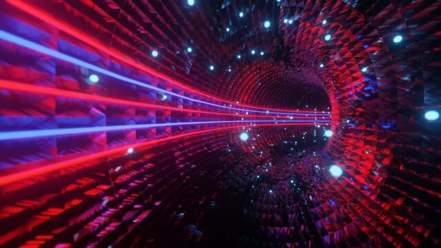 flying through an abstract 3D glossy tunnel with neon lighting. loop animation 3d render illustration