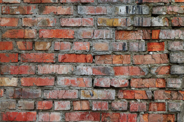 Old and broken brick, a sample of a brick wall in various shades of red, gray, orange and beige, sometimes covered with greenish mold. Wall texture and background for vintage wallpaper. 