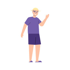 illustration of a boy waving. say hello or welcome. traveler. flat style. vector design