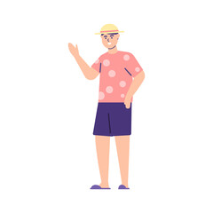 illustration of a boy waving. say hello or welcome. traveler. flat style. vector design