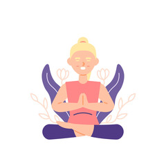 Fototapeta na wymiar a woman doing meditation in nature. calming down, yoga, refreshing, mind therapy. sitting lotus. activities and sports. flat style. vector illustration design