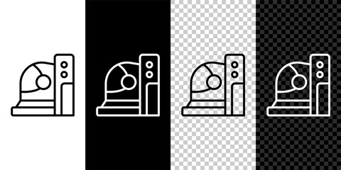 Set line Astronaut helmet icon isolated on black and white, transparent background. Vector