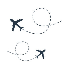 Airplane line path icon set. Vector illustration of air plane flight route with line trace. Travel concept. Isolated on white background