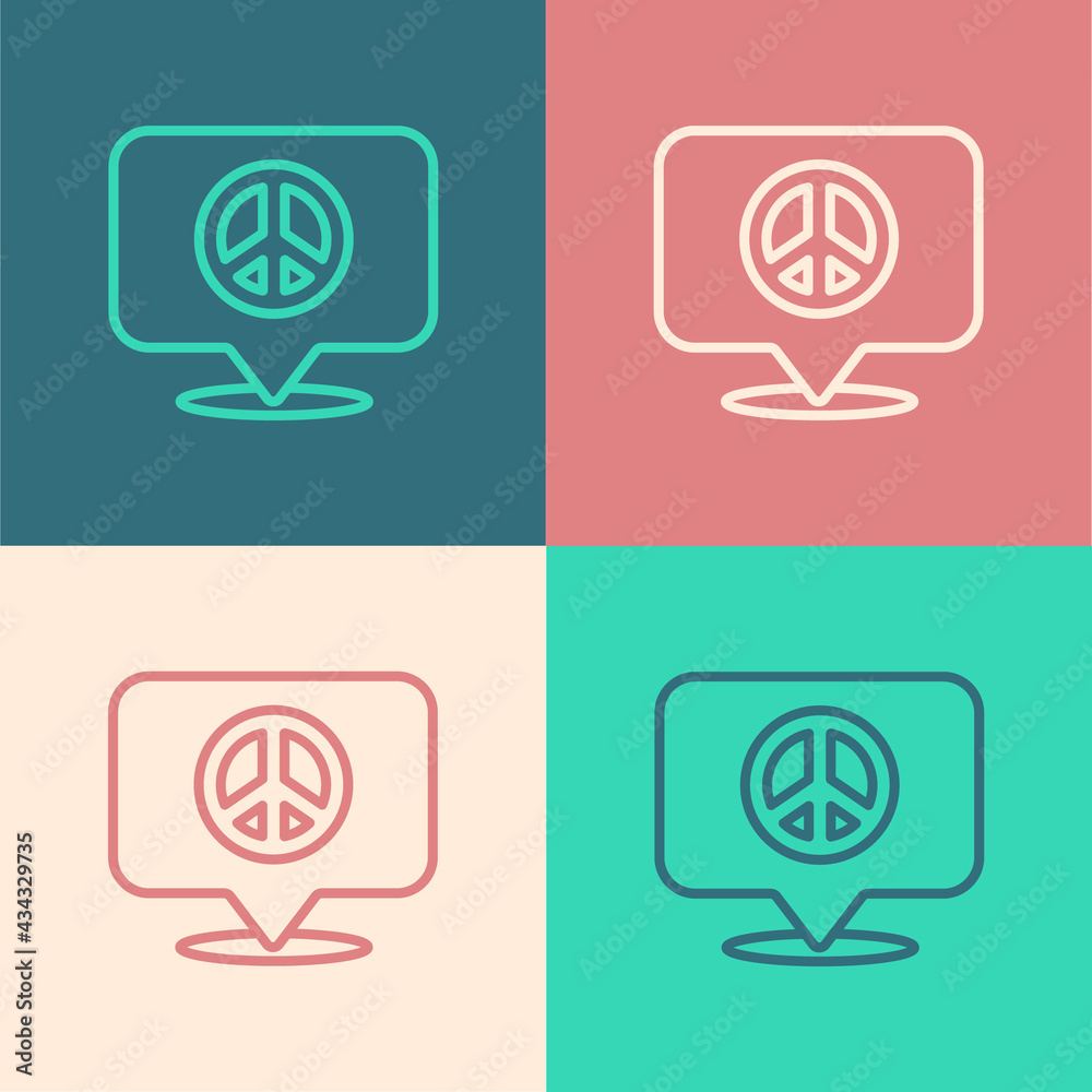 Sticker Pop art line Location peace icon isolated on color background. Hippie symbol of peace. Vector