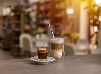 Latte macchiato and espresso coffee